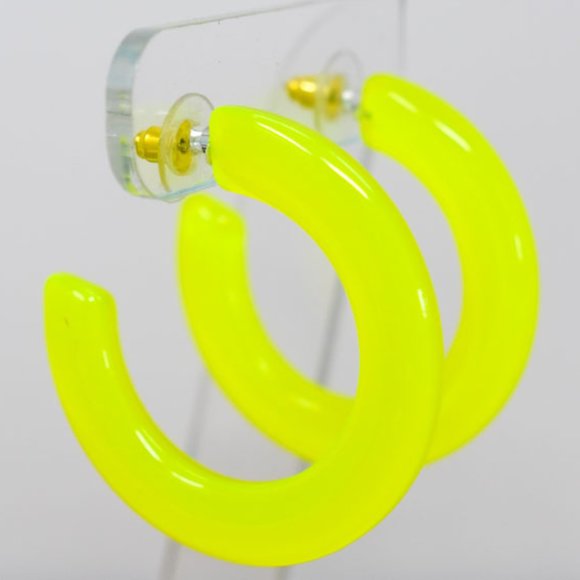 1.75" Retro Translucent Neon Yellow Hoop Earrings - Picture 9 of 11